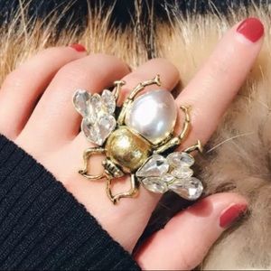 🐝LAST ONE🐝 Bee & Pearl Double Two 2 Finger Adjustable Gold Gem Geometric Ring